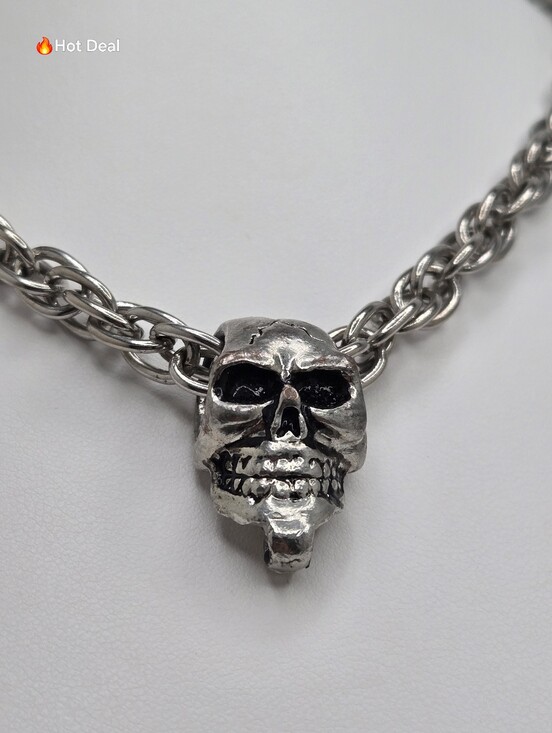 Skull Jewelry - Gothic Skull Pendant Necklace Heavy Silver Tone Chain Punk Biker 29"